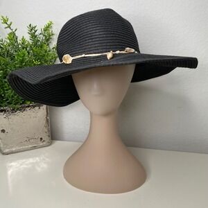Steve Madden Black Paper Straw Floppy Wide Brim Sun Hat Seashell Detail One Size